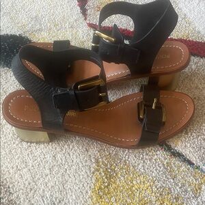 Pour La Victoire Black Sandals with Gold Buckles little block heel